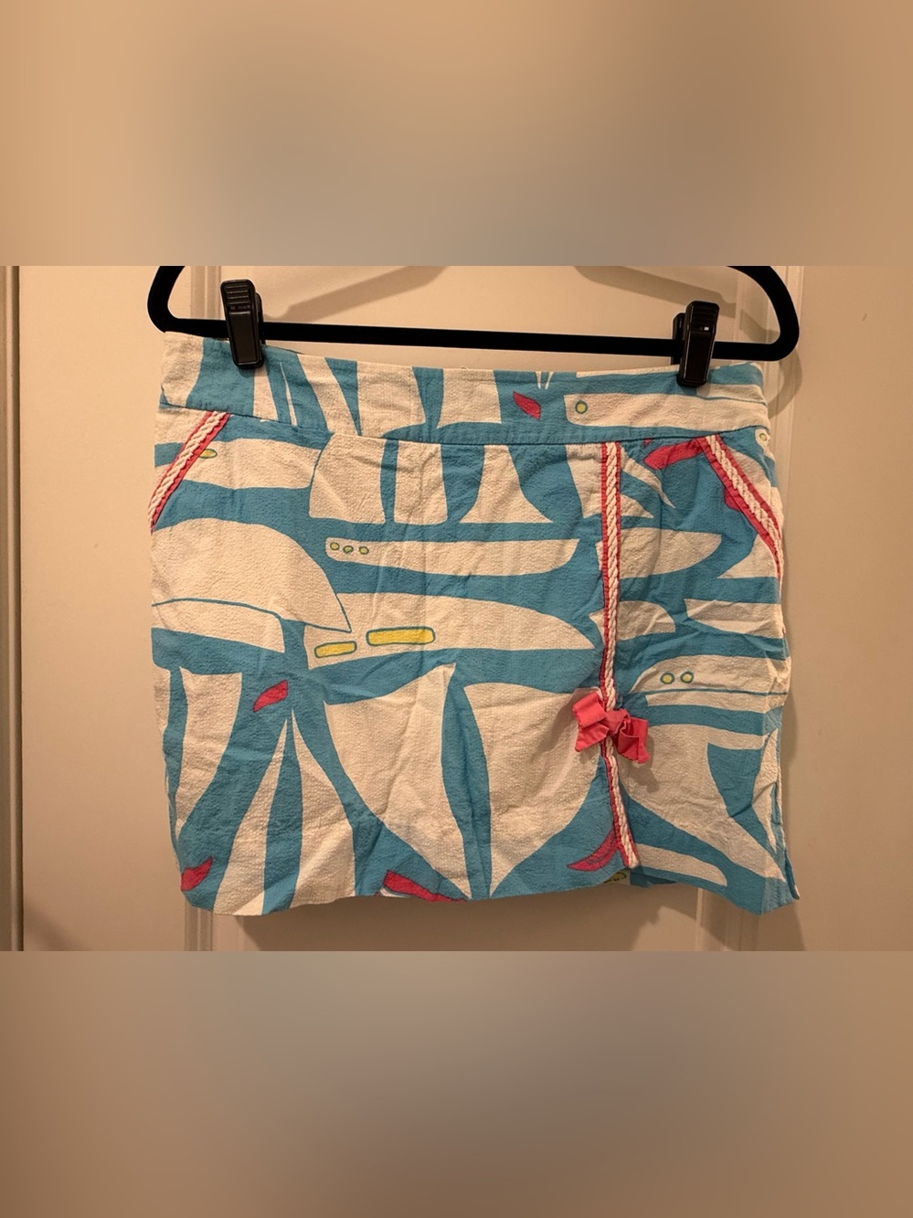 Blue & White Tropical Print Mini Skirt with Pink Accents